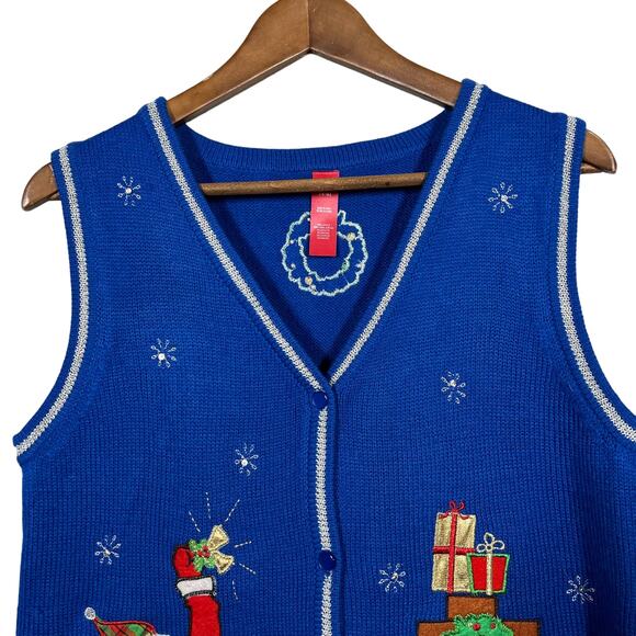 Christmas Sweater Vest Cardigan Knit Button Front Blue White - S - Picture 3 of 6
